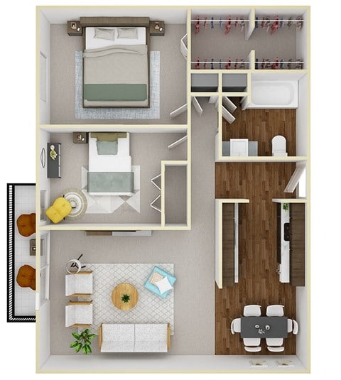 Floor plan for 2 beds, 1 bath, 910 sqft